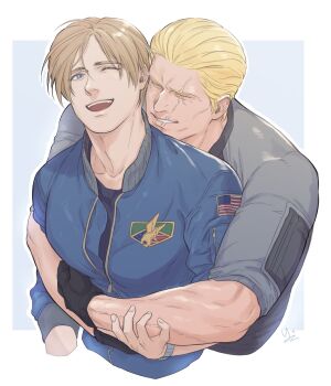 2boys bara black_gloves blonde_hair blue_eyes blue_jacket brown_hair closed_eyes couple gloves grey_shirt highres hug hug_from_behind jack_krauser jacket large_pectorals leon_s._kennedy male_focus multiple_boys muscular muscular_male one_eye_closed open_mouth pectorals resident_evil resident_evil_4 resident_evil_4_(remake) scar scar_across_eye scar_on_face shirt short_hair smile watch wristwatch ya2der2 yaoi