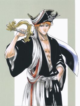 Rule 34 | 1boy, bleach, brown eyes, closed mouth, collarbone, hand on own hip, hat, holding, holding sword, holding weapon, japanese clothes, kubo tite, kurosaki ichigo, looking at viewer, male focus, official art, orange hair, pirate hat, second-party source, shihakusho, short hair, simple background, solo, solo focus, spiked hair, standing, sword, upper body, weapon, wide sleeves