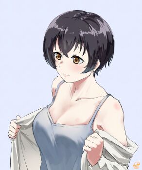 1girl absurdres black_hair blue_camisole blue_eyes breasts brown_eyes camisole chang_chin-lan cleavage closed_mouth commentary dated_commentary highres kamiina_botan_yoeru_sugata_wa_yuri_no_hana large_breasts mutsuki_(mutsuki0110) off_shoulder short_hair simple_background solo
