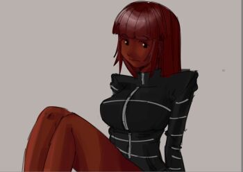 1girl black_eyes black_jacket breasts closed_mouth dark-skinned_female dark_skin grey_background hatsuno jacket large_breasts long_hair looking_at_viewer original red_hair sidelocks simple_background sitting sketch solo