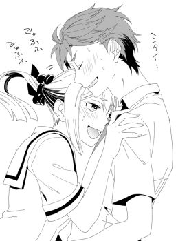 1boy 1girl :d blush chuo_tanegashima_high_school_uniform closed_eyes collared_shirt couple greyscale head_on_chest hetero ikuhashi_muiko koujiro_frau leaning_on_person long_hair monochrome multiple_hair_ribbons open_mouth ribbon robotics;notes sailor_collar school_uniform science_adventure serafuku shirt short_hair short_sleeves shoulder_grab sidelocks simple_background smile standing teeth tongue translation_request twintails upper_body wavy_mouth white_background yashio_kaito