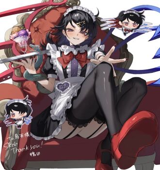 1girl asymmetrical_wings black_dress black_hair black_thighhighs commission dress food holding holding_plate houjuu_nue ice_cream maid_headdress marimo_tarou plate red_eyes red_nails red_shoes shoes short_hair sitting skeb_commission smile snake solo sundae tentacles thighhighs touhou white_background wings