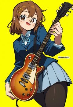 1girl absurdres artist_name black_pantyhose blazer blonde_hair blue_jacket blue_ribbon bright_pupils brown_eyes brown_hair collared_shirt commentary cowboy_shot grey_skirt guitar highres hirasawa_yui holding holding_guitar holding_instrument instrument jacket k-on! komatsuki_n long_sleeves looking_at_viewer neck_ribbon open_mouth pantyhose pleated_skirt ribbon sakuragaoka_high_school_uniform school_uniform shirt short_hair simple_background skirt smile solo twitter_username white_pupils white_shirt