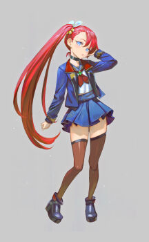 1girl black_choker black_thighhighs blazer blue_eyes boots breasts choker high_heel_boots high_heels highres jacket long_hair looking_at_viewer midriff_peek neckerchief original pleated_skirt red_hair red_neckerchief shirt side_ponytail skindentation skirt small_breasts solo standing thighhighs very_long_hair white_shirt yugen99 zettai_ryouiki