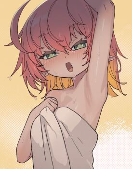 ahoge arm_up armpit_focus armpits chromashift colored_inner_hair commentary cross-shaped_pupils english_commentary eyelashes fuyo_cloverfield green_eyes halftone halftone_background loli looking_at_viewer medium_hair multicolored_hair naked_towel open_mouth orange_hair pink_hair pointy_ears presenting_armpit sahelanthropus_(latinxedgelord) symbol-shaped_pupils towel upper_body wet wet_hair yellow_background