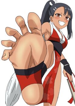 1girl barefoot black_hair blush brown_eyes dark-skinned_female dark_skin feet grin highres ijiranaide_nagatoro-san long_hair looking_at_viewer nagatoro_hayase ponytail riokasen shiranui_mai_(cosplay) smile soles stirrup_legwear toeless_legwear toes