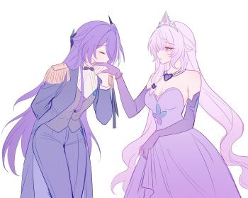 Rule 34 | 2girls, acheron (honkai: star rail), alternate costume, arm behind back, bare shoulders, black swan (honkai: star rail), breasts, cleavage, closed eyes, closed mouth, coat, commentary, dress, elbow gloves, english commentary, epaulettes, gloves, grey vest, hair ornament, highres, honkai: star rail, honkai (series), kiss, kissing hand, long hair, looking at another, medium breasts, multicolored hair, multiple girls, pants, purple coat, purple dress, purple eyes, purple gloves, purple hair, purple pants, samlatte, simple background, smile, strapless, strapless dress, streaked hair, taking another's hand, vest, waistcoat, white background, white tiara, yuri