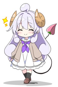 1girl ^_^ ahoge black_socks blush brown_horns brown_jacket brown_shoes closed_eyes closed_mouth commentary_request curled_horns curly_hair demon_girl demon_tail dress full_body horns jacket kotatsu-mazoku lilith_(homunculus)_(machikado_mazoku) lilith_(machikado_mazoku) long_hair long_sleeves machikado_mazoku open_clothes open_jacket purple_hair sailor_collar sailor_dress shoes sidelocks simple_background smile socks solo sparkle standing tail white_background white_dress white_sailor_collar