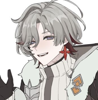 Rule 34 | 1boy, ahoge, black gloves, blue eyes, coat, commentary request, earrings, eyes visible through hair, fur-trimmed coat, fur trim, genshin impact, gloves, gradient hair, grey hair, hair between eyes, hair over one eye, highres, illuga (genshin impact), jewelry, looking at viewer, male focus, mole, mole under eye, multicolored hair, open mouth, red hair, red pupils, s8s8 tmp, scar, scar on neck, silver trim, single earring, smile, solo, sweater, teeth, turtleneck, turtleneck sweater, two-tone hair, white background