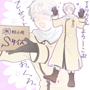 Rule 34 | 1boy, axis powers hetalia, black gloves, blush, boots, border, brown boots, closed eyes, coat, collared coat, commentary request, flower, full body, gloves, hair between eyes, hetaratable, holding, holding sign, long sleeves, looking at viewer, male focus, medal, multiple views, musical note, open mouth, outside border, pink border, purple eyes, russia (hetalia), scarf, short hair, sign, simple background, smile, standing, standing on one leg, star ornament, translation request, upper body, white background, white hair, white scarf, yellow coat
