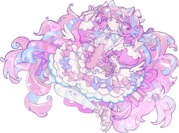 1girl blue_bow blue_eyes blue_hair blunt_bangs blush bow closed_mouth detached_sleeves detached_wings dress dress_bow frilled_skirt frills full_body hair_bow hair_ornament heart heart_hair_ornament heart_wand highres holding holding_wand jewelry long_hair looking_at_viewer macross macross_frontier magical_girl multicolored_hair official_art pink_bow pink_dress pink_hair pink_sleeves puffy_sleeves purple_bow ring sheryl_nome shoes skirt solo striped_clothes striped_thighhighs thighhighs transparent_background two-tone_hair very_long_hair wand white_shoes white_skirt white_wings wings