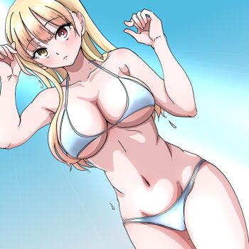 1girl alternate_eye_color bikini blonde_hair blue_background blue_bikini boku_no_kokoro_no_yabai_yatsu breasts collarbone commentary_request cowboy_shot dutch_angle heterochromia holding holding_own_hair large_breasts mole mole_on_neck navel parted_lips red_eyes ruri_(ruri_) solo standing stomach swimsuit wet yamada_anna yellow_eyes