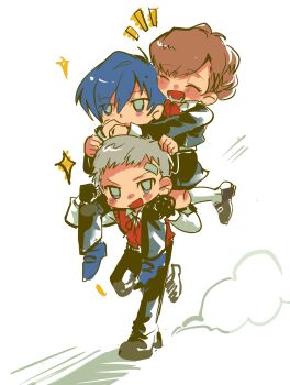 1girl 2boys bandaid bandaid_on_face bandaid_on_forehead black_gloves black_jacket black_pants black_skirt blue_hair blush blush_stickers brown_hair carrying closed_eyes collared_shirt commentary dust_cloud english_commentary full_body gekkoukan_high_school_uniform gloves grey_hair hair_between_eyes hair_ornament hairclip highres jacket kuukiensan multiple_boys notice_lines open_mouth pants persona persona_3 persona_3_portable piggyback red_sweater_vest running sanada_akihiko school_uniform shiomi_kotone shirt short_hair shoulder_carry simple_background skirt sparkle sweater_vest white_background white_shirt yuuki_makoto_(persona_3)