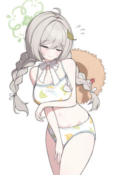 1girl absurdres bikini blue_archive braid commentary_request cowboy_shot green_halo grey_hair halo hat hat_on_back highres leaf leaf_on_head leaf_print low_twin_braids low_twintails miyo_(blue_archive) miyu_(blue_archive) miyu_(swimsuit)_(blue_archive) print_bikini pun simple_background solo straw_hat swimsuit twin_braids twintails white_background white_bikini xuga