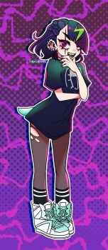 Rule 34 | 1girl, absurdres, black hair, black nails, black shirt, black socks, brown pantyhose, commentary, coqui saporana, diagonal bangs, drop shadow, ear piercing, english commentary, fingernails, frog girl, full body, green hair, hand on own chin, highres, multicolored hair, nail polish, official alternate hairstyle, open mouth, outline, pantyhose, piercing, purple eyes, purple hair, raelrotten, red eyes, rummy &amp; coqui, scar, scar across eye, scar on face, sharp teeth, shirt, shoes, short hair, short sleeves, smile, socks, solo, standing, streaked hair, t-shirt, tadpole tail, tail, teeth, tongue piercing, torn clothes, torn pantyhose, twitter username, v-shaped eyebrows, virtual youtuber, white outline, white shoes