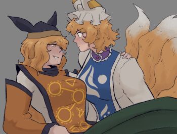 2girls animal_ears black_hat blonde_hair blue_tabard blush breasts closed_mouth commentary constellation_print detached_sleeves dress english_commentary fox_ears fox_girl fox_tail green_skirt grey_background half-closed_eyes hand_on_another&#039;s_shoulder hand_up hat highres large_breasts long_hair long_sleeves looking_at_another matara_okina mob_cap multiple_girls multiple_tails ofuda ofuda_on_clothes orange_sleeves orange_tabard otaeriaaoba shirt short_hair simple_background sitting skirt smile tabard tail teeth touhou v-shaped_eyebrows wavy_hair white_dress white_hat white_shirt wide-eyed wide_sleeves yakumo_ran yellow_eyes yuri
