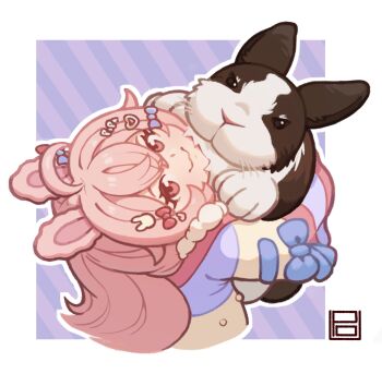 ahoge animal_ears carrying commentary english_commentary fluffy highres hug looking_at_viewer mateus_upd phase_connect pink_hair pipkin_pippa puffy_sleeves rabbit rabbit_ears rabbit_girl ribbon upper_body virtual_youtuber