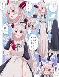 Rule 34 | 2girls, absurdly long hair, alternate costume, apron, black dress, black hair, black ribbon, blunt bangs, bow, commentary request, dress, enmaided, flying sweatdrops, fujiwara no mokou, full body, hair bow, highres, hime cut, holding, houraisan kaguya, long hair, looking at viewer, maid, maid apron, maid headdress, mokoiscat, multiple girls, multiple views, nervous, nervous smile, open mouth, puffy short sleeves, puffy sleeves, red bow, red eyes, ribbon, short sleeves, smile, speech bubble, sweatdrop, thought bubble, touhou, translation request, two-tone bow, very long hair, white apron, white bow, white hair