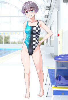 1girl absurdres barefoot bench black_one-piece_swimsuit blue_eyes breasts checkered_clothes commentary_request competition_swimsuit full_body gradient_swimsuit grey_hair grin hand_on_own_hip highleg highleg_one-piece_swimsuit highres indoors medium_breasts multicolored_swimsuit one-piece_swimsuit original poolside race_queen short_hair smile solo swimsuit takafumi variant_set