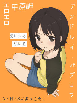 Rule 34 | 1girl, andreypavlow, black eyes, black hair, blush, commentary, from above, highres, long sleeves, looking at viewer, nakahara misaki, nhk ni youkoso!, orange background, pencil skirt, shirt, short hair, simple background, sitting, skirt, smile, solo, yokozuwari