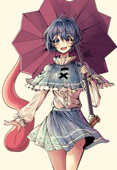 Rule 34 | 1girl, absurdres, adapted costume, blue hair, capelet, commentary, cowboy shot, frilled shirt collar, frills, geta, heterochromia, highres, holding, holding umbrella, karakasa obake, purple umbrella, shirt tucked in, simple background, solo, tatara kogasa, thick eyebrows, tongue, tongue out, touhou, tsukumogami, umbrella, user jnhm8724