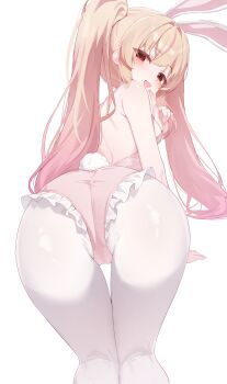 1girl :d animal_ear_hairband animal_ears arm_support ass backless_leotard bitseon blonde_hair blush breasts commentary commission english_commentary fake_animal_ears fake_tail feet_out_of_frame frilled_leotard frills from_behind gradient_hair hairband highleg highleg_leotard highres leaning_forward leotard long_hair looking_at_viewer looking_back multicolored_hair open_mouth original pantyhose pink_hair pink_leotard playboy_bunny rabbit_ear_hairband rabbit_ears rabbit_tail red_eyes simple_background small_breasts smile solo strapless strapless_leotard tail twintails white_background white_pantyhose