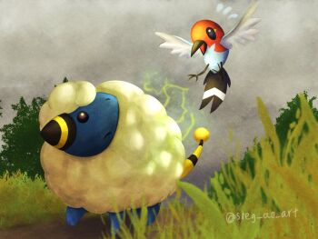 animal_focus artist_name beak bird black_eyes commentary_request fletchling flying gen_2_pokemon gen_6_pokemon grey_sky mareep nintendo no_humans on_grass pokemon pokemon_(creature) sheep sky solid_circle_eyes sreg_ao_art tail