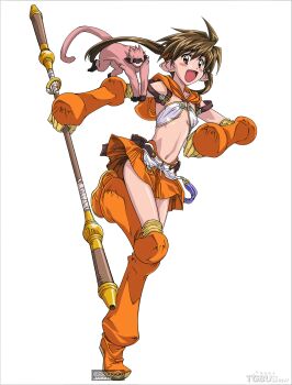 00s 1girl bikini boots brown_eyes brown_hair elf flat_chest forest_keeper_nowa full_body highres hirata_katsuzou knees_up long_hair monkey nowa_(queen's_blade) official_art pointy_ears queen's_blade revealing_clothes ruu_(queen's_blade) simple_background skirt solo staff swimsuit takahashi_mikako thigh_boots twintails voice_actor_connection