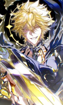 1boy absurdres alternate_form blonde_hair blood blood_on_face chinese_commentary commentary_request cracked_skin halo halo_behind_head highres holding holding_sword holding_weapon honkai:_star_rail honkai_(series) liaoxiaoyan0919 male_focus missing_limb phainon_(honkai:_star_rail) phainon_(khaslana)_(honkai:_star_rail) shirt short_hair solo spiked_hair sword torn_clothes torn_shirt weapon yellow_blood yellow_eyes