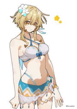 1girl absurdres aqua_skirt bare_shoulders bikini bikini_skirt blonde_hair blush breasts cleavage closed_mouth collarbone commentary cowboy_shot criss-cross_halter feather_hair_ornament feathers flower genshin_impact hair_between_eyes hair_flower hair_ornament halterneck highleg highleg_bikini highres kradebii looking_at_viewer lumine_(genshin_impact) lumine_(hot_springs)_(genshin_impact) medium_breasts multicolored_flower navel official_alternate_costume short_hair_with_long_locks side-tie_skirt sidelocks simple_background skirt solo standing stomach swimsuit thigh_strap twitter_username white_background white_bikini white_flower yellow_eyes