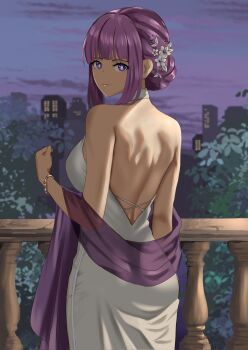 1girl alternate_hairstyle artsthticframes bare_back bare_shoulders bracelet breasts commentary dress english_commentary fern_(sousou_no_frieren) hair_up highres jewelry large_breasts looking_at_viewer looking_back purple_eyes purple_hair purple_shawl railing shawl sidelocks solo sousou_no_frieren strapless strapless_dress white_dress