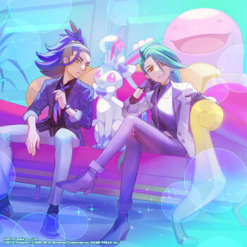 1boy 1girl absurdres adaman_(palentine's_2026)_(pokemon) adaman_(pokemon) ahoge alternate_color black_gloves black_pants black_shirt blue_hair blue_jacket blue_necktie bright_pupils brown_eyes closed_eyes closed_mouth collared_shirt colored_sclera commentary_request couch crossed_legs earrings eyebrow_cut gen_2_pokemon gen_6_pokemon gloves green_hair grey_jacket high_heels highres jacket jewelry katano_shibire long_hair looking_at_viewer multicolored_hair necklace necktie nintendo official_alternate_costume official_art on_couch open_clothes open_jacket open_mouth pants parted_lips pink_sclera pokemon pokemon_(creature) pokemon_masters_ex ponytail quagsire red_eyes reverse_trap rika_(palentine's_2026)_(pokemon) rika_(pokemon) second-party_source shiny_pokemon shirt shoes sitting smile suspenders sylveon watch white_pants wristwatch