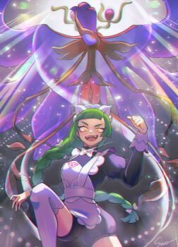 1girl absurdres apron bow bowtie braid commentary_request dragalge eyelashes fangs gen_6_pokemon glint green_hair highres long_hair long_sleeves maid maid_apron maid_headdress mega_dragalge mega_pokemon nintendo open_mouth pokemon pokemon_(creature) pokemon_legends:_z-a seer042 single_braid smile teeth thighhighs white_apron white_bow white_bowtie white_thighhighs yellow_eyes