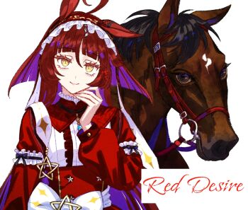 Rule 34 | 1girl, ahoge, animal ears, breasts, character name, closed mouth, commentary request, hair between eyes, hair ornament, horse, horse ears, jagaimobeniko, long hair, red desire (racehorse), red desire (umamusume), red hair, small breasts, smile, solo, umamusume, white background, yellow eyes