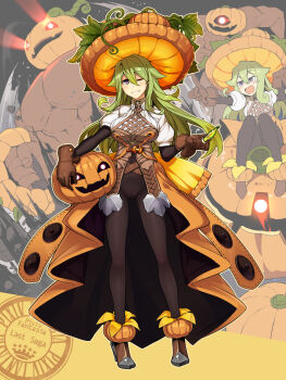 Rule 34 | 1girl, 2others, :d, ;), abs, black pantyhose, boots, breasts, brown boots, brown gloves, copyright name, cyclops, gemma j squash, gloves, glowing, glowing eyes, green hair, hair between eyes, hat, highres, holding, holding pumpkin, long hair, medium breasts, multiple others, multiple views, muscular, navel, one-eyed, one eye closed, open mouth, orange hat, pantyhose, pixiv fantasia, pixiv fantasia last saga, pointing, potion, pumpkin, pumpkin head, purple hair, smile, standing, tsukinami kousuke