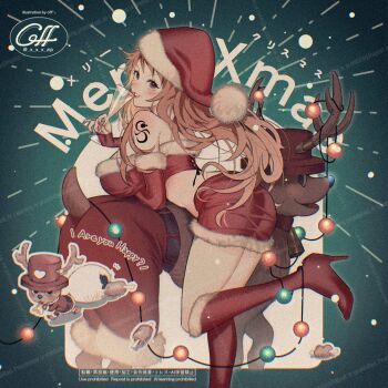 1boy 1girl animal_ears antlers arm_under_breasts ass bare_shoulders blue_nose blush boned_meat boots breasts brown_eyes christmas christmas_ornaments commentary_request crop_top cup deer_ears detached_sleeves emphasis_lines food foot_out_of_frame from_side fur-trimmed_boots fur-trimmed_headwear fur-trimmed_skirt fur-trimmed_sleeves fur_trim hat high_heel_boots high_heels holding holding_cup holding_sack horns horns_through_headwear large_breasts leg_up long_hair looking_at_viewer meat merry_christmas miniskirt nami_(one_piece) one_piece orange_hair parted_lips pom_pom_(clothes) red_boots red_hat red_lips red_skirt red_sleeves reindeer_antlers reindeer_boy sack santa_costume santa_hat shoulder_tattoo skin_tight skirt tattoo tight_clothes tony_tony_chopper twitter_username yum_xoxo_yum