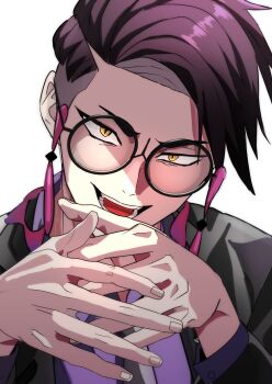 1boy akisame_kanon arms_up black-framed_eyewear black_jacket black_necktie commentary_request corbeau_(pokemon) glasses highres jacket long_sleeves looking_at_viewer male_focus necktie nintendo open_mouth own_hands_together parted_hair pokemon pokemon_legends:_z-a purple_hair purple_shirt round_eyewear shirt short_hair simple_background sleeve_cuffs slit_pupils smile solo tassel teeth white_background yellow_eyes
