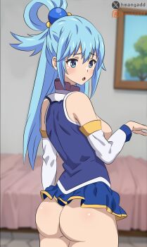 1girl aqua_(konosuba) ass bedroom blue_eyes blue_hair blue_shirt blue_skirt blurry breasts cowboy_shot depth_of_field detached_sleeves facing_to_the_side from_behind hair_ornament hair_rings highres hmangadd indoors kono_subarashii_sekai_ni_shukufuku_wo! long_hair no_panties open_mouth patreon_logo patreon_username shirt sideboob skirt sleeveless sleeveless_shirt solo standing twitter_username twitter_x_logo