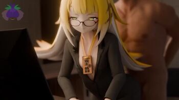 1boy 1girl 3d ahoge animated artist_request bent_over black-framed_eyewear black_nails black_skirt blonde_hair blunt_bangs blurry censored clothed_female_nude_male glasses green_eyes grin hetero indoors ju_fufu loli long_hair long_sleeves looking_at_viewer looking_back multicolored_hair necktie nude office penis sex shirt skirt smile solo_focus tagme tail video zenless_zone_zero