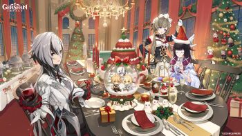 3girls absurdres aether_(genshin_impact) alcohol arlecchino_(genshin_impact) black_dress black_hair bottle box brown_hair christmas christmas_tree closed_eyes closed_mouth columbina_(genshin_impact) commentary cup detached_sleeves dress english_commentary fork genshin_impact gift gift_box gloves grey_hair hair_between_eyes hat highres holding holding_cup indoors long_sleeves looking_at_viewer lumine_(genshin_impact) multicolored_hair multiple_girls official_art paimon_(genshin_impact) red_hat red_wine revision sandrone_(genshin_impact) santa_hat smile white_dress white_gloves wine wine_bottle