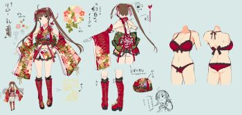 1girl ahoge arrow_(projectile) ass backboob bad_source bell blue_eyes blunt_bangs blush boots bow bow_(weapon) bow_bra bow_panties bra breasts brown_hair butt_crack chibi chibi_inset chinese_knot cleavage clothes_on_and_off collarbone concept_art contrapposto detached_sleeves floral_print floral_print_skirt floral_print_sleeves flower from_behind full_body green_background green_eyes groin hair_bell hair_flower hair_ornament hair_ribbon hairband heterochromia high_heels highres japanese_clothes jingle_bell lace lace-trimmed_bra lace-trimmed_panties lace-trimmed_skirt lace_trim large_breasts linea_alba long_hair looking_at_viewer median_furrow midriff miniskirt multiple_views navel notes official_alternate_costume official_alternate_hairstyle official_art panties pink_flower print_skirt production_art quiver red_bra red_footwear red_hairband red_panties red_skirt red_sleeves reference_sheet ribbon ryoubi_(senran_kagura) senran_kagura senran_kagura_new_link senran_kagura_shinovi_versus shiny_skin shoulder_blades sideboob simple_background skirt standing t-pose tassel translation_request turnaround twintails underwear variations weapon wide_sleeves yaegashi_nan yumi_(bow)