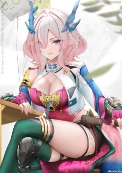 1girl arknights arknights:_endfield black_skirt blue_horns blue_tail breasts cleavage closed_mouth commentary_request crossed_legs dragon_bean_(arknights) fingerless_gloves gloves green_thighhighs hair_over_one_eye horns jacket knee_pads large_breasts looking_at_viewer medium_hair mi_fu_(arknights) miniskirt mole mole_on_breast mole_under_eye pink_eyes pink_gloves pink_hair pink_nails pink_shirt pink_tail pointy_ears shirt single_knee_pad sitting skirt solo thighhighs two-tone_tail white_background white_jacket yokaze_(yokajie)