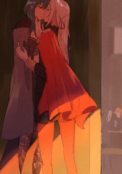 2girls black_socks bow byleth_(fire_emblem) chocolate_(jitong) edelgard_von_hresvelg eye_contact female_byleth_(fire_emblem) fire_emblem fire_emblem:_three_houses gloves green_skirt highres hubert_von_vestra long_hair looking_at_another multiple_girls nintendo purple_bow purple_eyes skirt socks white_gloves white_hair yuri