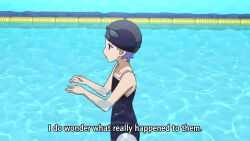 1girl air_bubble animated ass bubble captain_earth flat_chest highres lane_line one-piece_swimsuit partially_submerged pool pool_ladder poolside purple_eyes purple_hair school_swimsuit setsuna_(captain_earth) submerged swimming_goggles swimsuit tagme underwater video