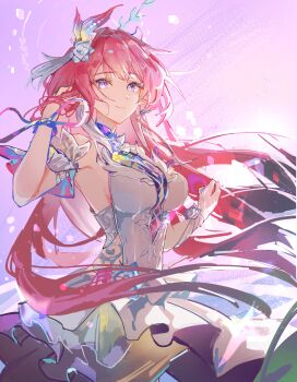 1girl absurdres armpits breasts commentary cyrene_(honkai:_star_rail) cyrene_(ripples_of_past_reverie)_(honkai:_star_rail) diamond-shaped_pupils diamond_(shape) dress english_commentary flower hair_flower hair_ornament highres honkai:_star_rail honkai_(series) large_breasts long_hair multicolored_hair pink_hair pointy_ears purple_eyes sky smile solo symbol-shaped_pupils two-tone_hair very_long_hair white_dress white_hair xianluojimaomao2333