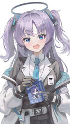 Rule 34 | 1girl, absurdres, astelia, barcode, belt pouch, black gloves, blue archive, blue eyes, blue necktie, blush, character doll, chibi, commentary, figure, gloves, halo, highres, holding, jacket, long hair, looking at viewer, millennium science school logo, necktie, open clothes, open jacket, open mouth, parted bangs, pouch, purple hair, solo, two side up, upper body, yuuka (blue archive)