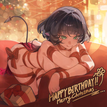 1girl absurdres animal_ears arm_rest black_hair blurry blurry_background blush box breasts christmas_tree closed_mouth commentary_request couch earrings gift gift_box green_eyes happy_birthday head_rest highres jane_doe_(zenless_zone_zero) jewelry large_breasts long_hair looking_at_viewer merry_christmas mouse_ears mouse_girl mouse_tail multicolored_hair naked_ribbon on_couch red_hair red_ribbon ribbon sharp_tail smile solo tail tian_luo_bo zenless_zone_zero