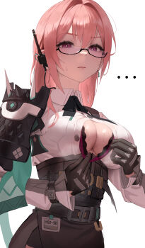 ... 1girl absurdres armor black-framed_eyewear black_gloves black_skirt bra bra_peek bra_pull breasts buttons closed_mouth clothes_pull collared_shirt commentary cowboy_shot earpiece earrings glasses gloves hair_between_eyes hair_intakes high-waist_skirt highres hyuk_(yeayeo) id_card jewelry lace lace-trimmed_bra lace_trim large_breasts long_hair looking_at_viewer paid_reward_available paizuri_invitation partially_unbuttoned pauldrons pink_hair pink_pupils purple_bra purple_eyes semi-rimless_eyewear shirt shoulder_armor sidelocks simple_background single_pauldron skirt solo sweat sweatdrop tsukishiro_yanagi underbust underwear white_background white_shirt zenless_zone_zero