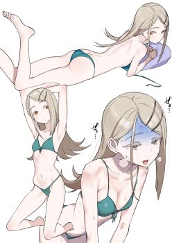 1girl aqua_bikini armpits ass back bikini blonde_hair breasts cleavage colored_eyelashes commentary_request front-tie_bikini_top front-tie_top gakuen_idolmaster heavy_breathing hip_bones idolmaster igigusa18 kneeling legs_up long_hair lying on_stomach orange_eyes shinosawa_hiro simple_background skinny stretching sweat swimsuit untied_bikini white_background