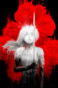1girl alex_chow clair_obscur:_expedition_33 flower highres holding holding_sword holding_weapon long_hair maelle_(clair_obscur:_expedition_33) red_flower red_rose rose sword weapon